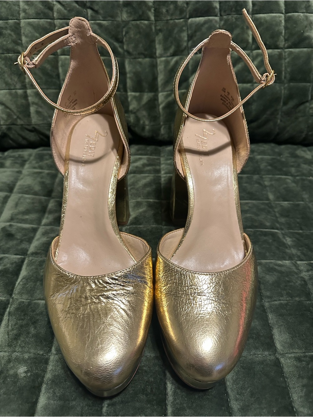 27 EDIT Metallic Gold Ankle-Strap Block Heels